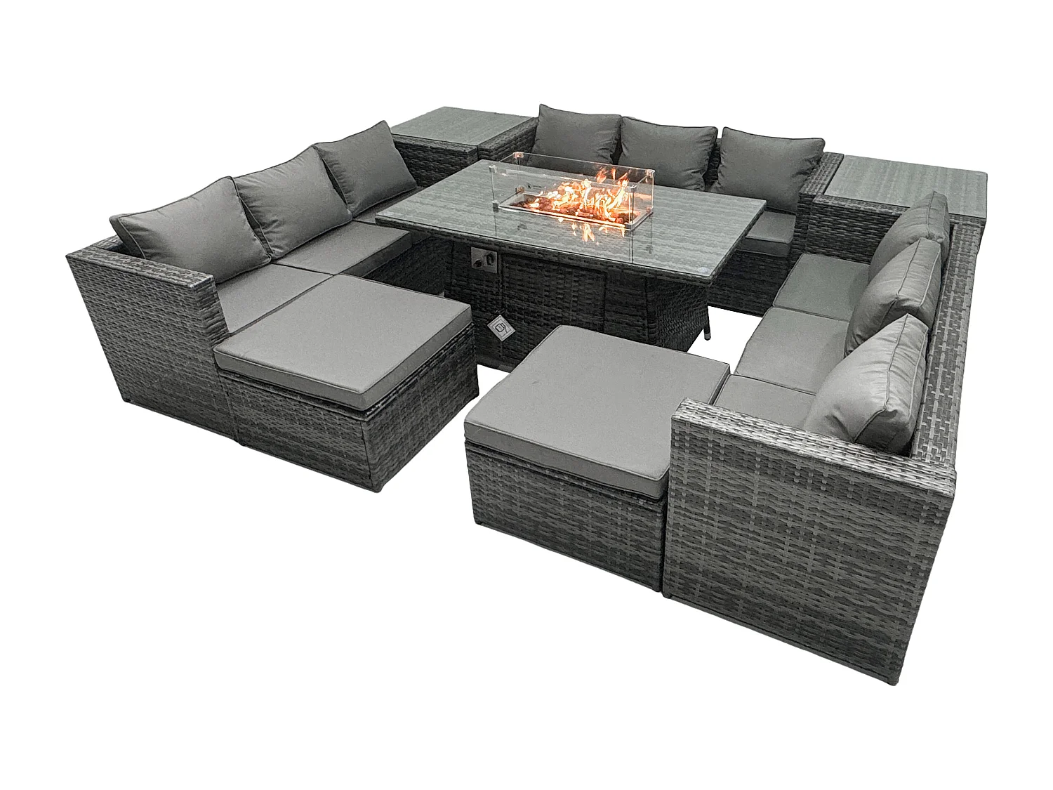 Rattan Gartenmöbel Set Outdoor 10-Sitzer Patio Esstisch Set mit Glasplatte 2 Beistelltischen