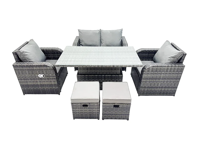 Salon de Jardin en Résine Ensemble Repas de Jardin Exterieur Table à manger réglable en hauteur Canapé d'amour avec Chaise inclinable 2 Petits tabourets