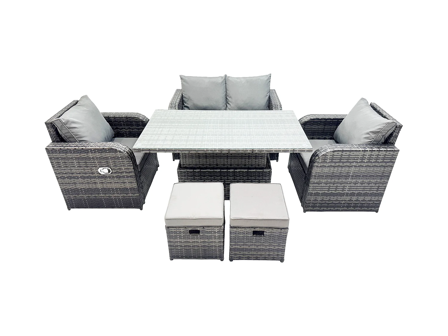 Polyrattan Sitzgruppe Essgruppe Set höhenverstellbarer Tisch Love Sofa mit Liegestühle 2 kleine Fußhockern