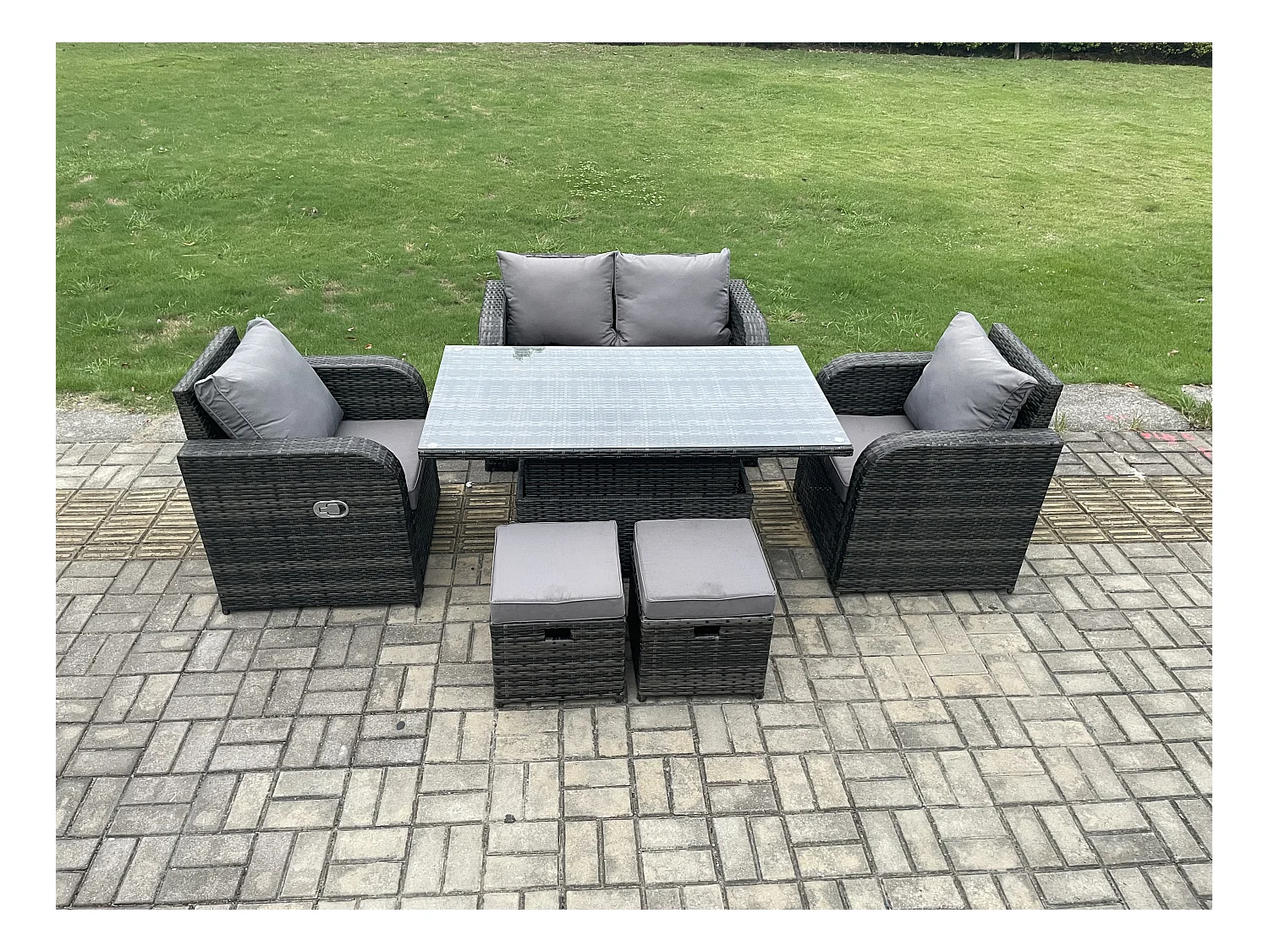Polyrattan Sitzgruppe Essgruppe Set höhenverstellbarer Tisch Love Sofa mit Liegestühle 2 kleine Fußhockern