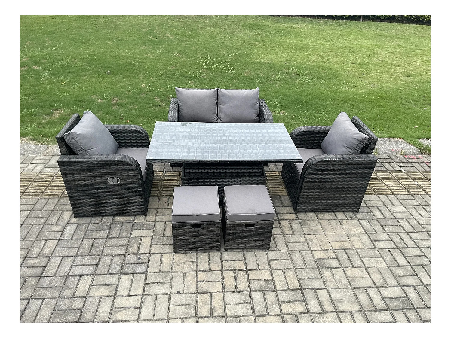 Polyrattan Sitzgruppe Essgruppe Set höhenverstellbarer Tisch Love Sofa mit Liegestühle 2 kleine Fußhockern
