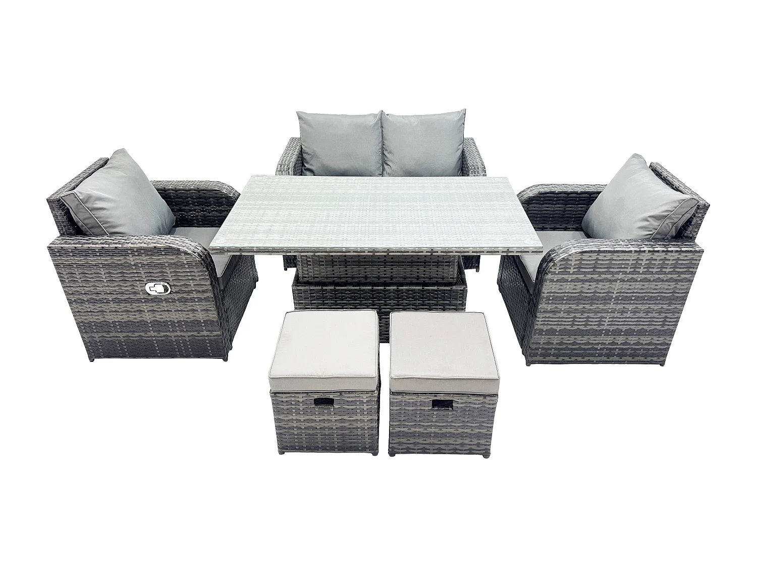 Salon de Jardin en Résine Ensemble Repas de Jardin Exterieur Table à manger réglable en hauteur Canapé d'amour avec Chaise inclinable 2 Petits tabourets