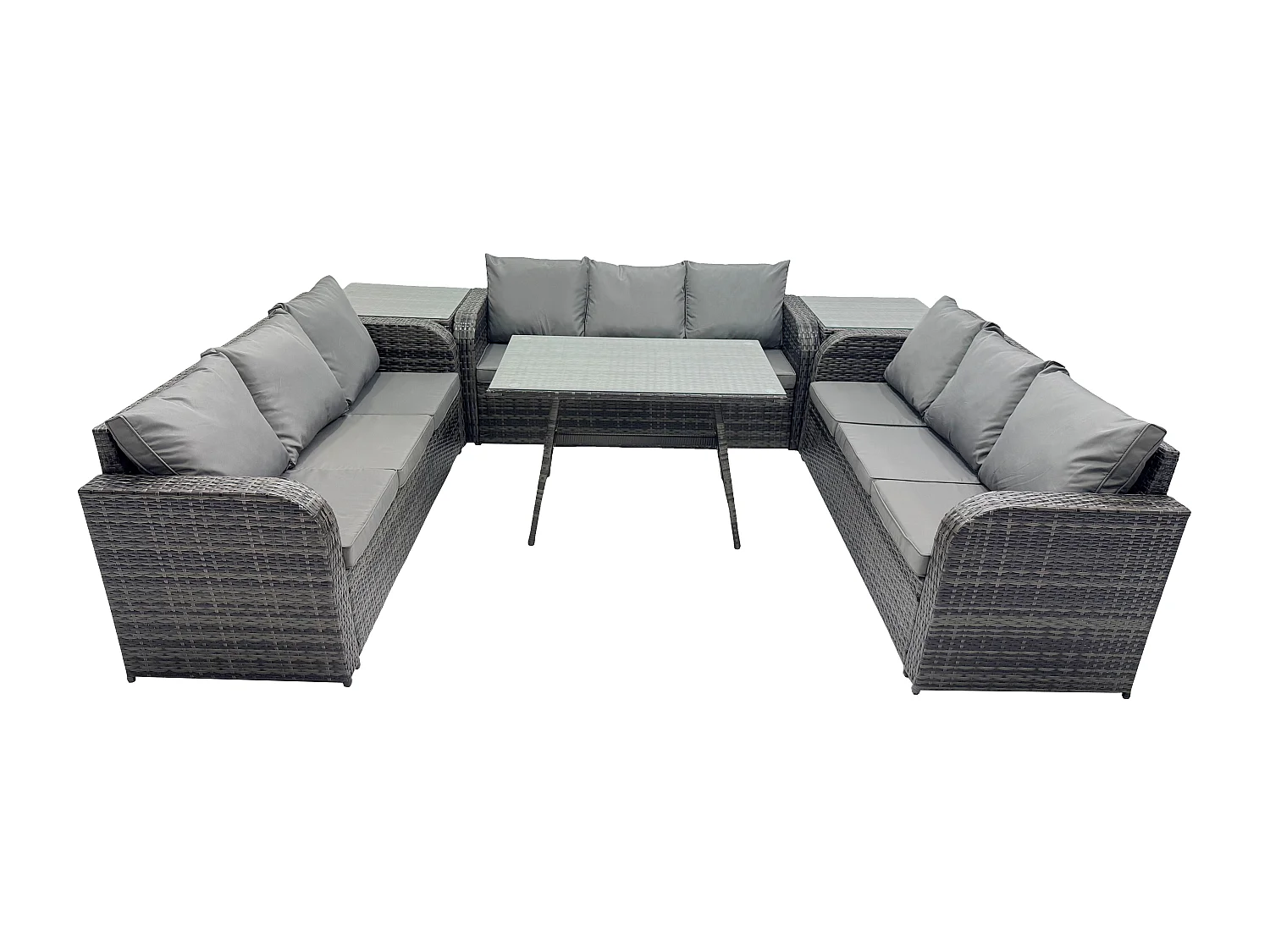 9-Sitzer Polyrattan Gartenmöbel Set mit Rechteckiger Esstisch 2 Beistelltischen Polyrattan Garten Sofa im Freien Set