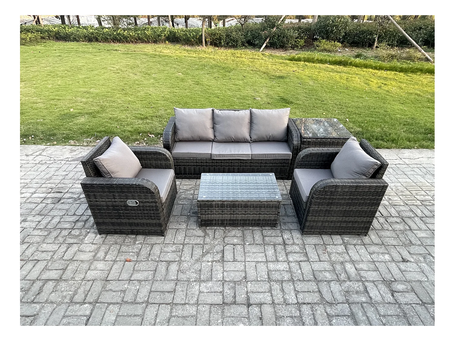 Salon de jardin exterieur Ensemble de canapés en rotin avec Chaise inclinable Table basse rectangulaire Table d'appoint Gris foncé mixte