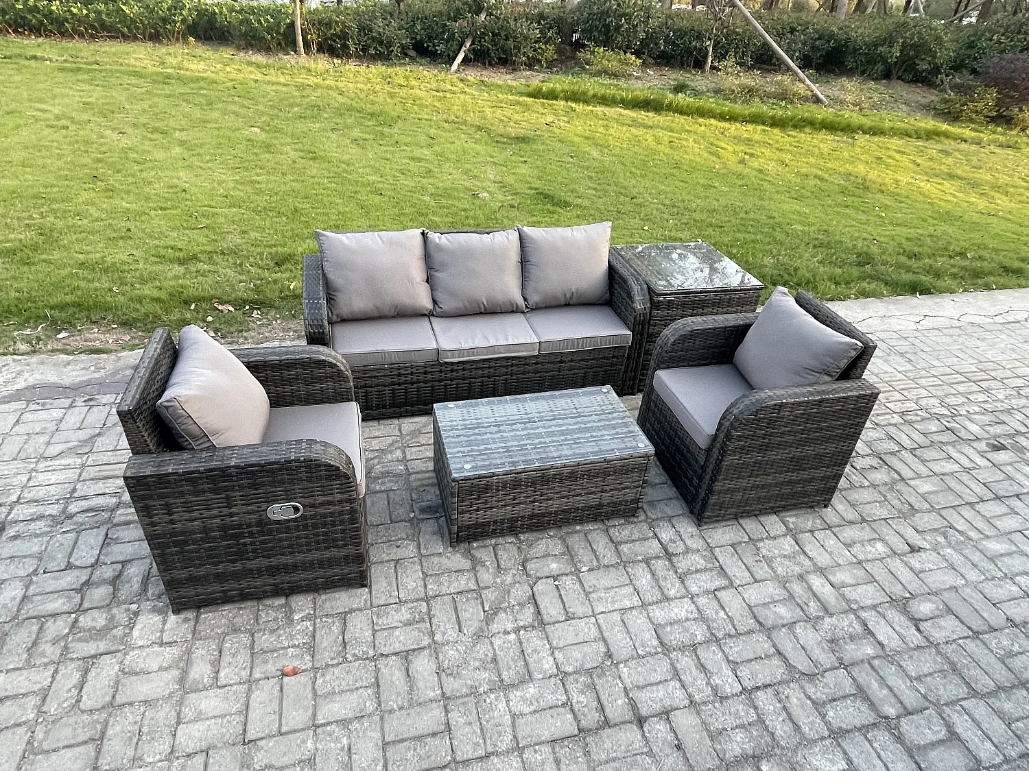 Salon de jardin exterieur Ensemble de canapés en rotin avec Chaise inclinable Table basse rectangulaire Table d'appoint Gris foncé mixte