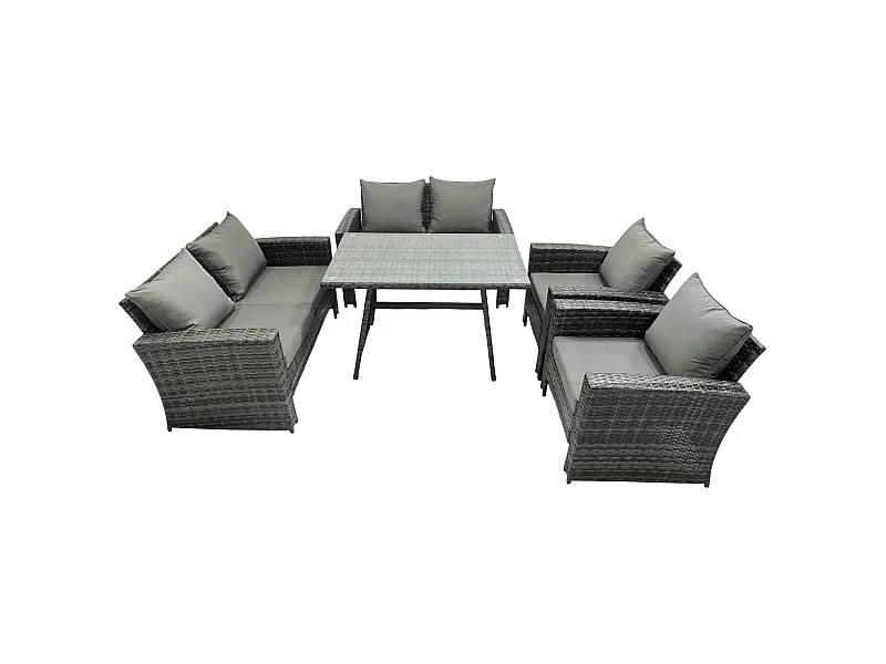 6-Sitzer Dunkelgrau Gemischt Hoher Rücken Rattan Sofa Esstisch Set Gartenmöbel Set