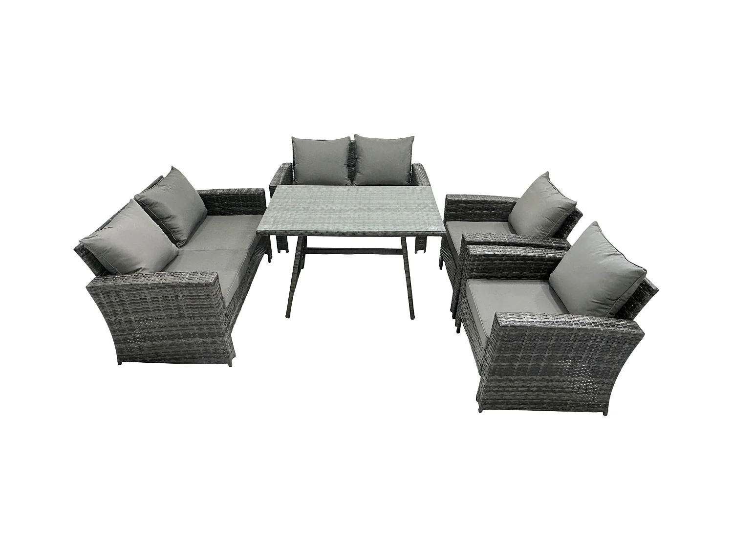 6-Sitzer Dunkelgrau Gemischt Hoher Rücken Rattan Sofa Esstisch Set Gartenmöbel Set