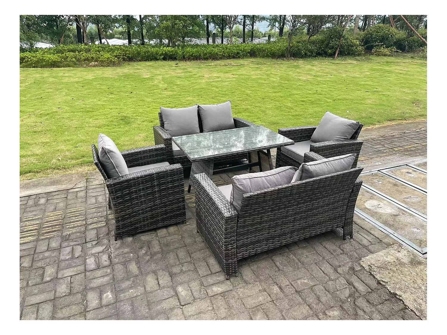 6-Sitzer Dunkelgrau Gemischt Hoher Rücken Rattan Sofa Esstisch Set Gartenmöbel Set