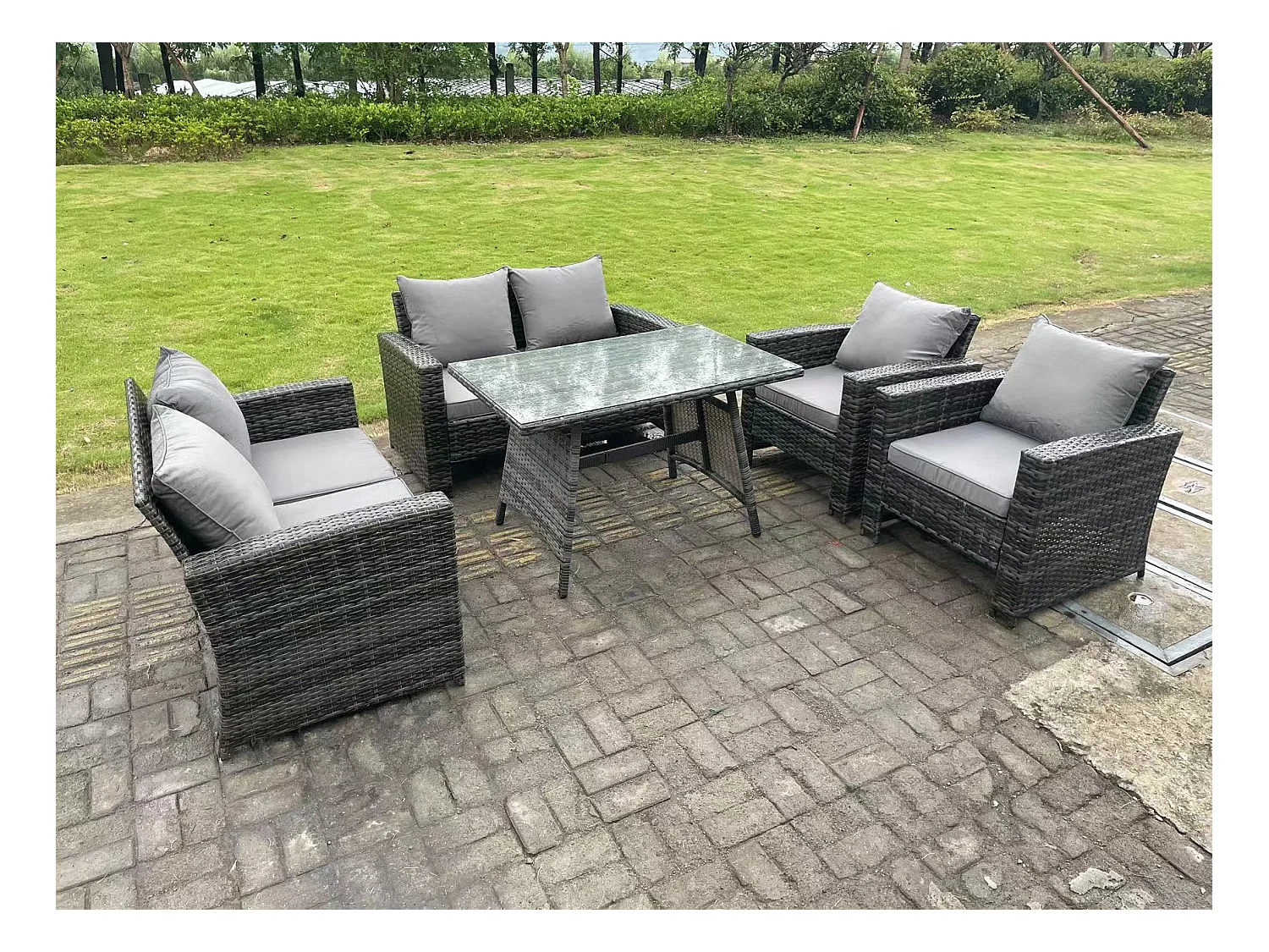 6-Sitzer Dunkelgrau Gemischt Hoher Rücken Rattan Sofa Esstisch Set Gartenmöbel Set