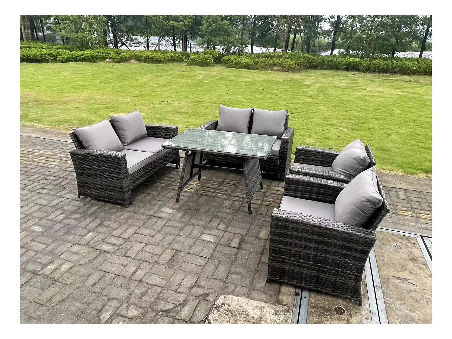 6-Sitzer Dunkelgrau Gemischt Hoher Rücken Rattan Sofa Esstisch Set Gartenmöbel Set