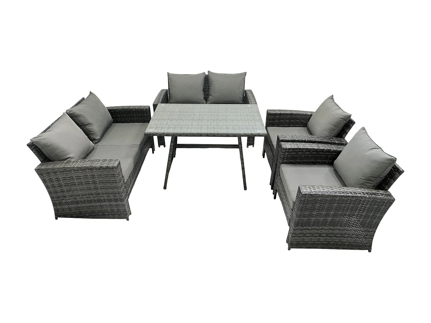 6-Sitzer Dunkelgrau Gemischt Hoher Rücken Rattan Sofa Esstisch Set Gartenmöbel Set