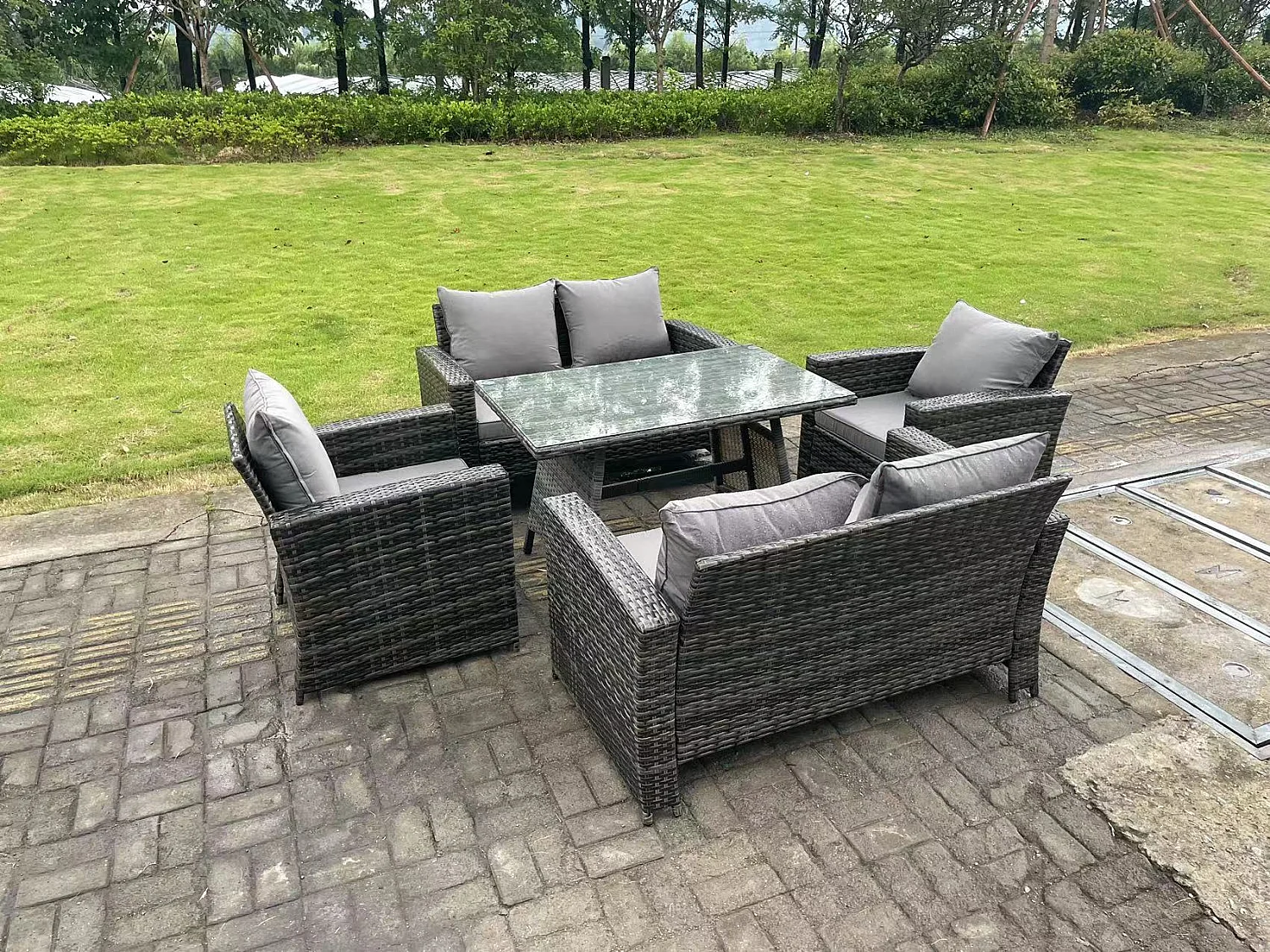 6-Sitzer Dunkelgrau Gemischt Hoher Rücken Rattan Sofa Esstisch Set Gartenmöbel Set