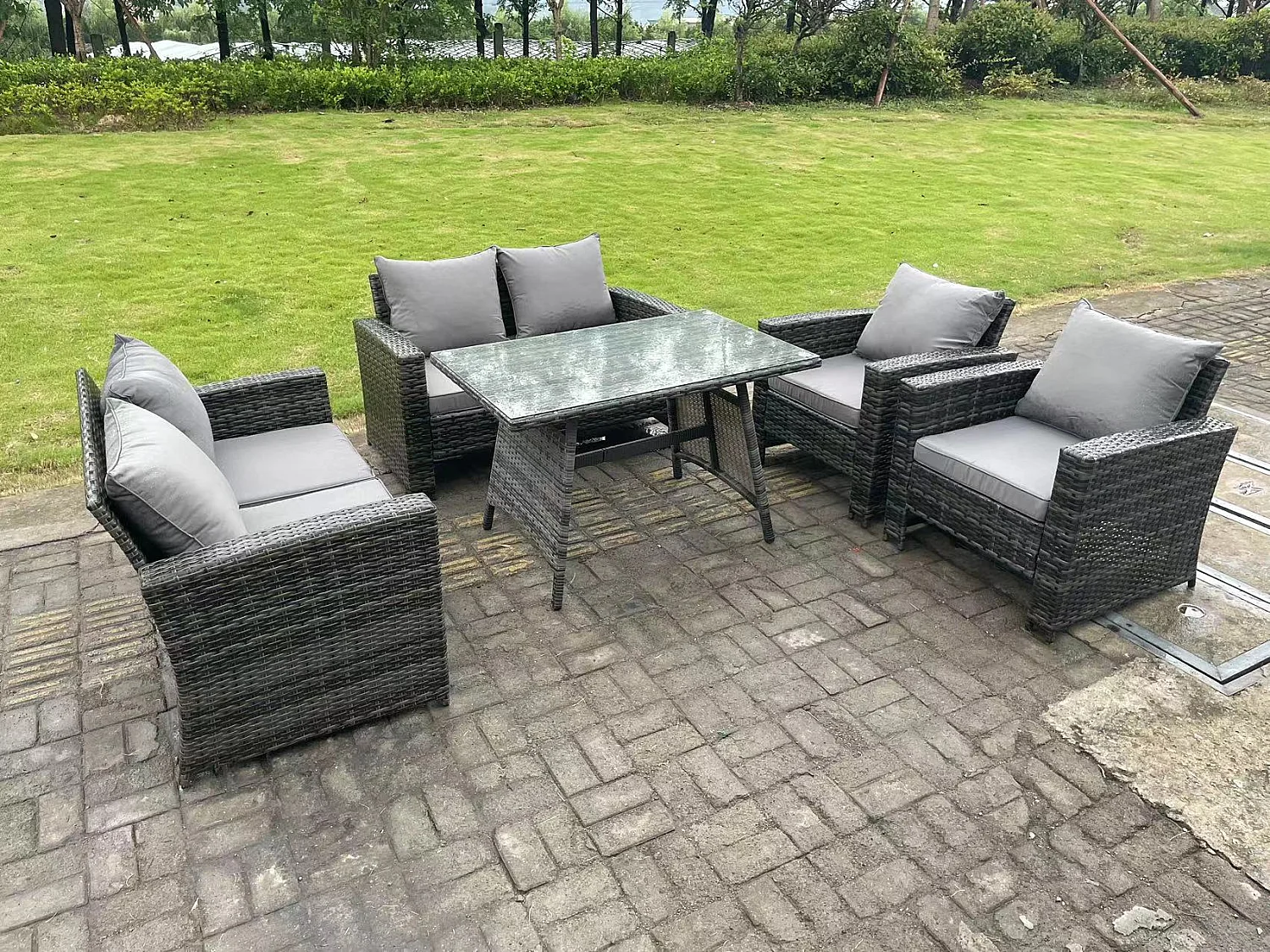 6-Sitzer Dunkelgrau Gemischt Hoher Rücken Rattan Sofa Esstisch Set Gartenmöbel Set