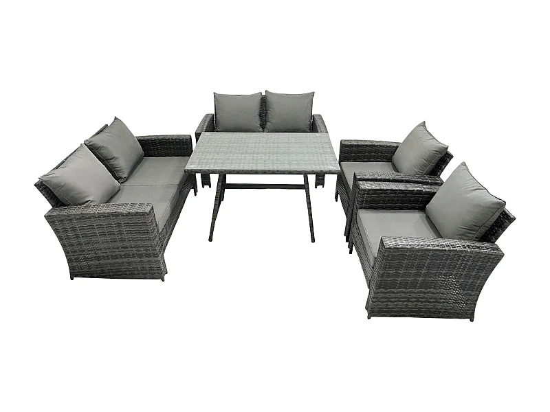 6-Sitzer Dunkelgrau Gemischt Hoher Rücken Rattan Sofa Esstisch Set Gartenmöbel Set