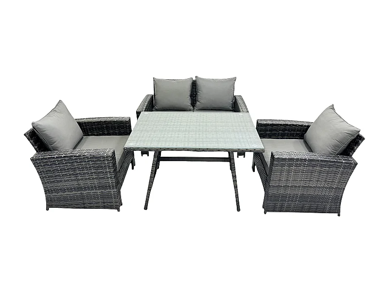 4-Sitzer Dunkelgrau Gemischt Hoher Rücken Rattan Sofa Esstisch Set Gartenmöbel Set