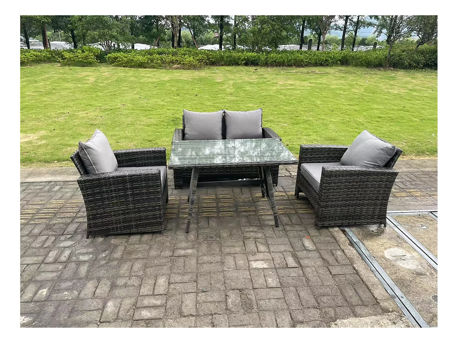 4-Sitzer Dunkelgrau Gemischt Hoher Rücken Rattan Sofa Esstisch Set Gartenmöbel Set