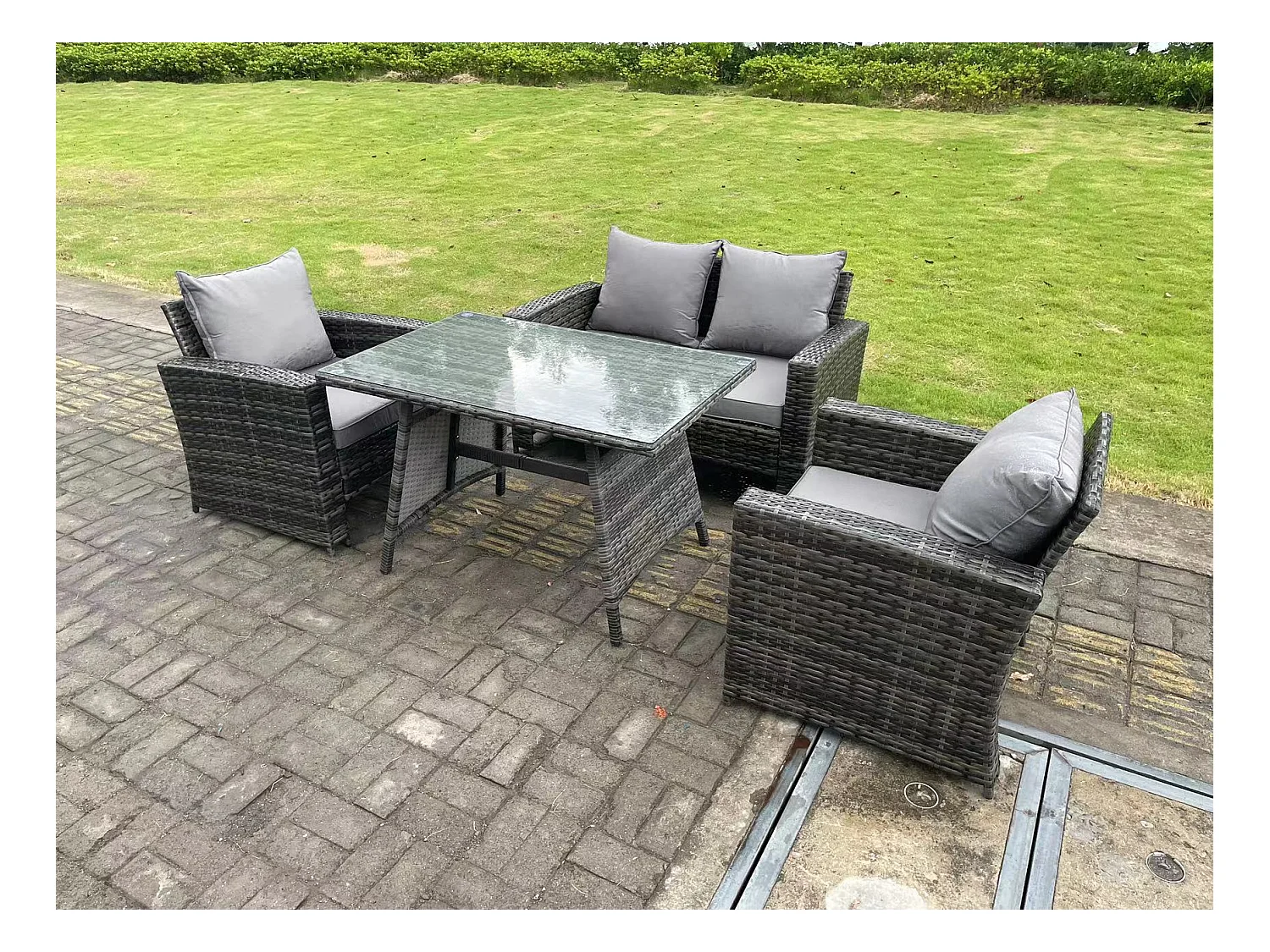 4-Sitzer Dunkelgrau Gemischt Hoher Rücken Rattan Sofa Esstisch Set Gartenmöbel Set