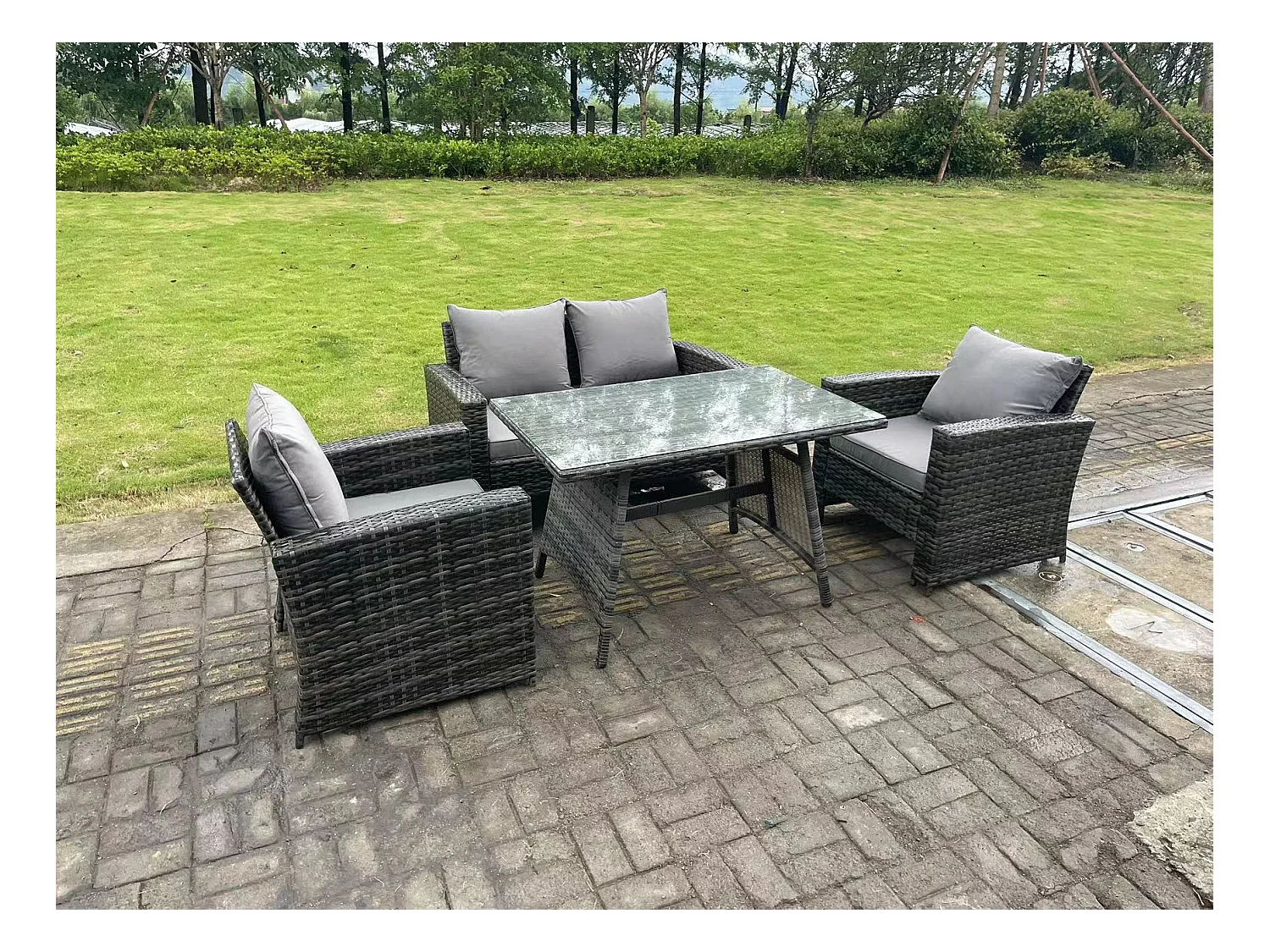 4-Sitzer Dunkelgrau Gemischt Hoher Rücken Rattan Sofa Esstisch Set Gartenmöbel Set