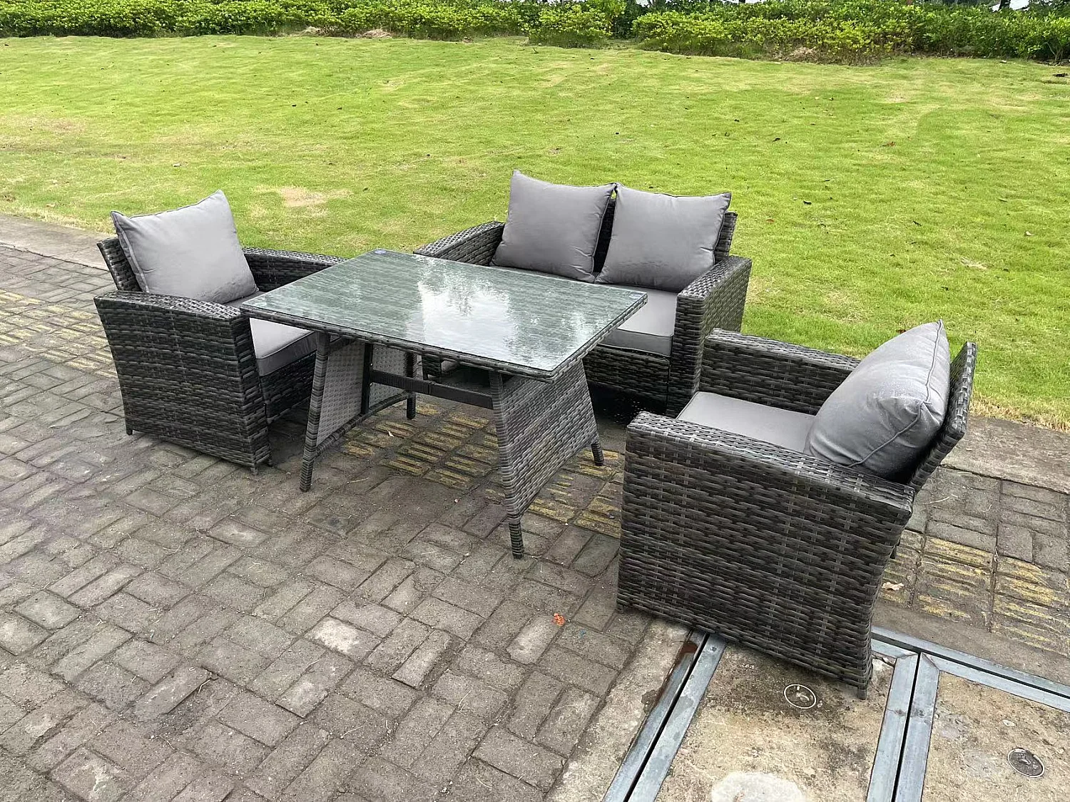 4-Sitzer Dunkelgrau Gemischt Hoher Rücken Rattan Sofa Esstisch Set Gartenmöbel Set