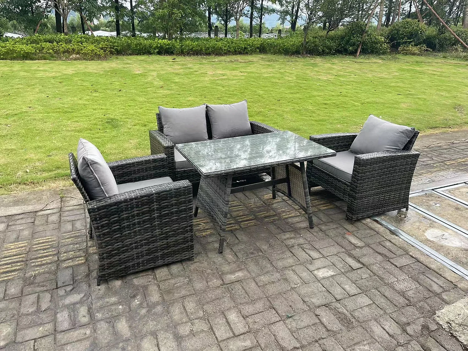 4-Sitzer Dunkelgrau Gemischt Hoher Rücken Rattan Sofa Esstisch Set Gartenmöbel Set