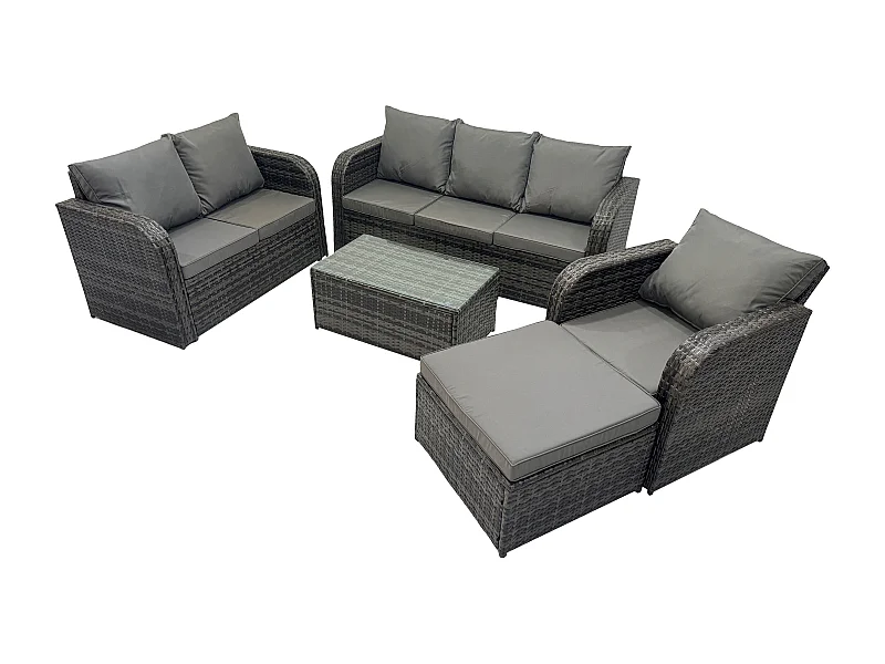 Rattan Gartenmöbel Set im Balkon 7-Sitzer Garten Sofa Set mit Rechteckiger Couchtisch Liegestühle Loveseat Sofa 3-Sitzer Sofa 2 Großer Hockern