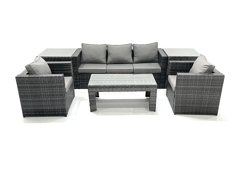 Salon de jardin Ensemble de canapés en rotin avec Table basse 2 Fauteuil 2 Tables d'appoint Gris foncé mixte