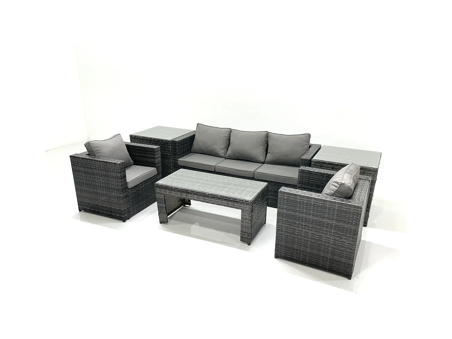 Polyrattan Gartensofa Set Couchtisch 2 Sessel 2 Beistelltischen Dunkelgrau Gemischt