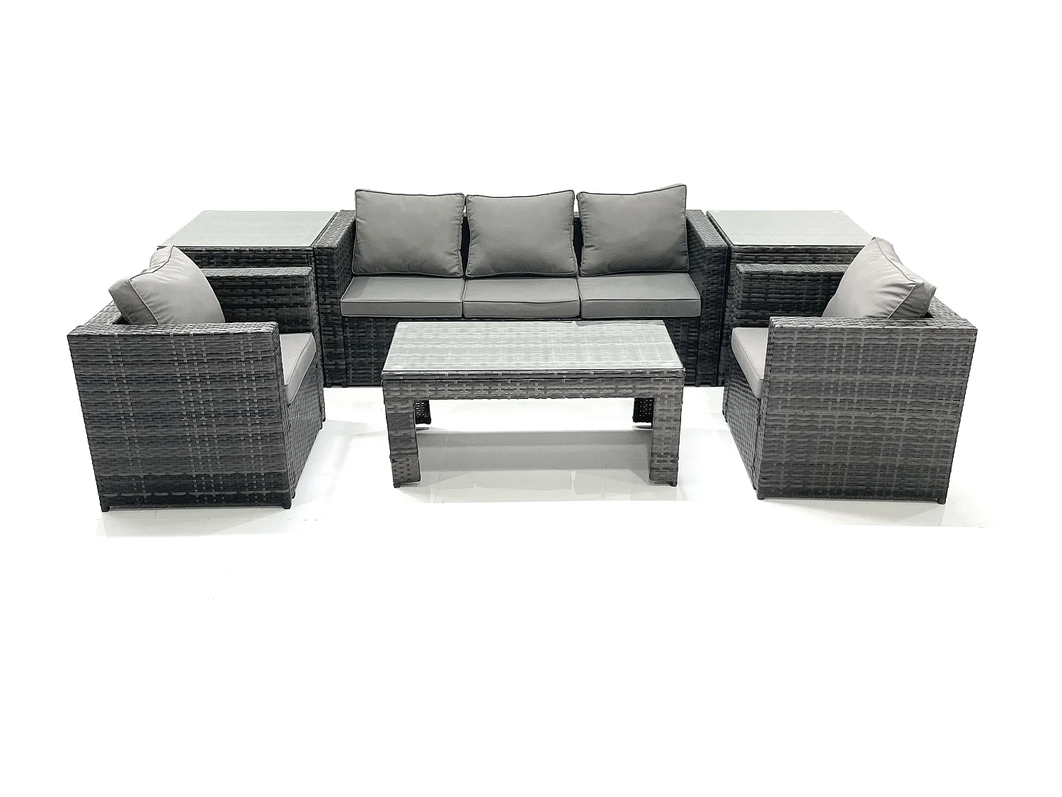 Fimous Rattan Garden Furniture Set Outdoor Lounger Sofa with Coffee Table 2 Armchair 2 Side Tables Dark Grey Mixed