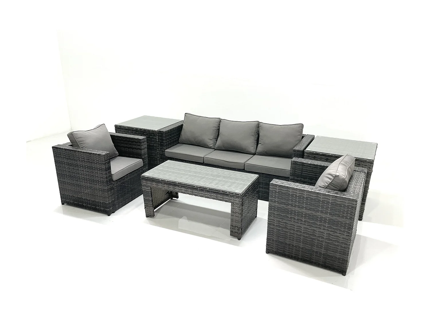 Fimous Rattan Garden Furniture Set Outdoor Lounger Sofa with Coffee Table 2 Armchair 2 Side Tables Dark Grey Mixed