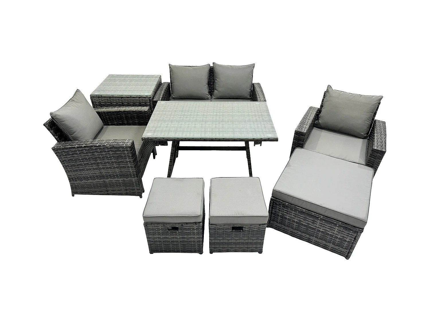 Hoher Rücken Rattan Gartenmöbel Sets mit Rechteckiger Esstisch Sessel 2-Sitzer Sofa 3 Hockern Beistelltisch