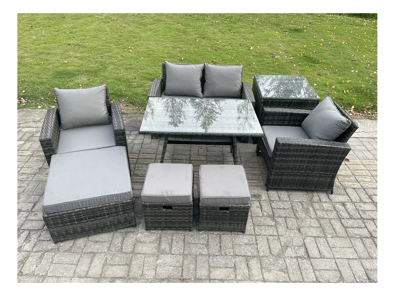 Hoher Rücken Rattan Gartenmöbel Sets mit Rechteckiger Esstisch Sessel 2-Sitzer Sofa 3 Hockern Beistelltisch