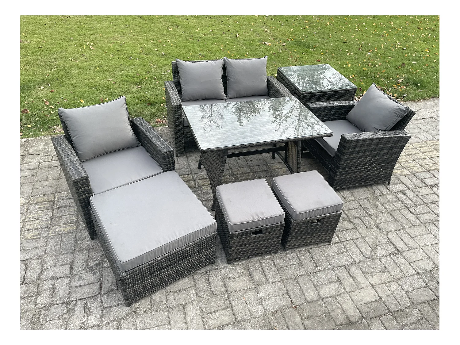 Hoher Rücken Rattan Gartenmöbel Sets mit Rechteckiger Esstisch Sessel 2-Sitzer Sofa 3 Hockern Beistelltisch