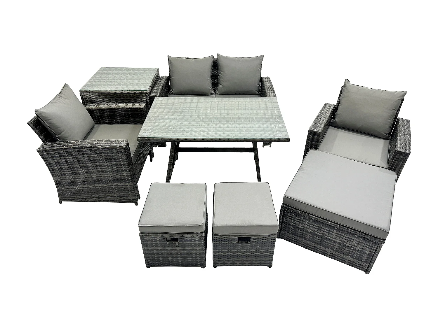 Ensemble de Meubles de Jardin avec Table à manger rectangulaire Fauteuil Canapé 2 places 3 Tabourets Table d'appoint