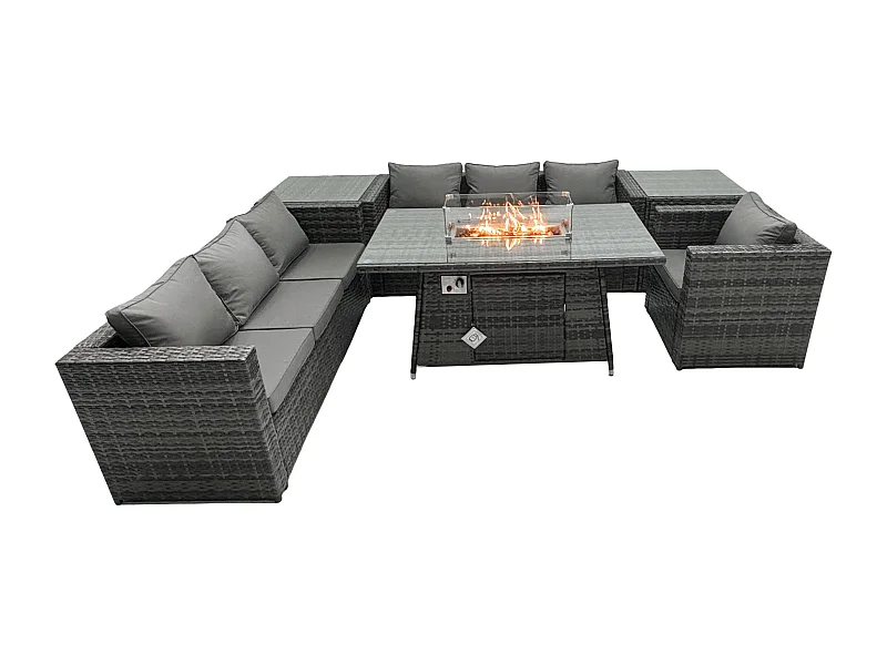 Rattan Gartenmöbel Set 7-Sitzer Garten Sofa Gas Feuertisch Set mit 2 Beistelltisch