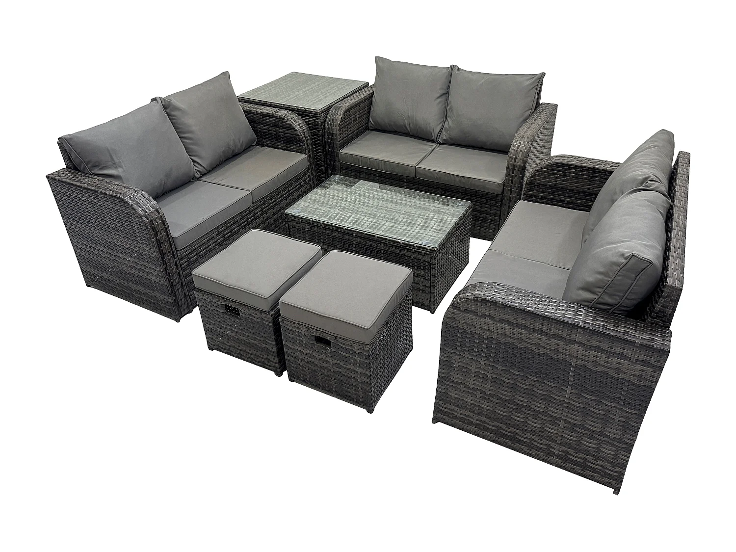 Ensemble de meubles de jardin en polyrotin 8 places avec Table basse rectangulaire Canapé d'amour Table d'appoint 2 Petits tabourets Gris foncé mixte