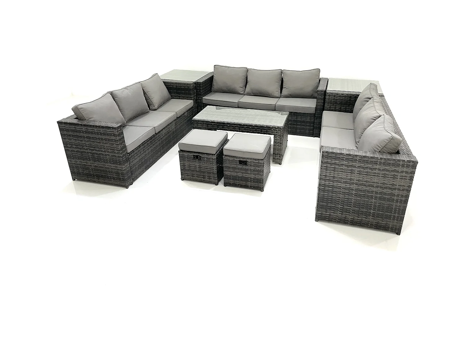 Ensemble de meubles de jardin en polyrotin 11 places avec Canapé Table basse 2 Petits tabourets 2 Tables d'appoint Gris foncé mixte