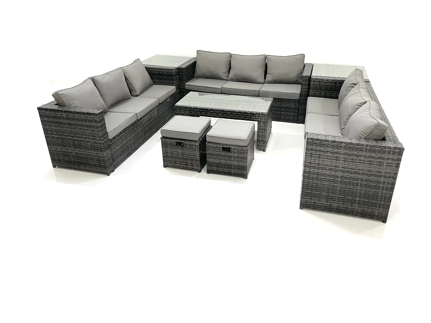 Ensemble de meubles de jardin en polyrotin 11 places avec Canapé Table basse 2 Petits tabourets 2 Tables d'appoint Gris foncé mixte