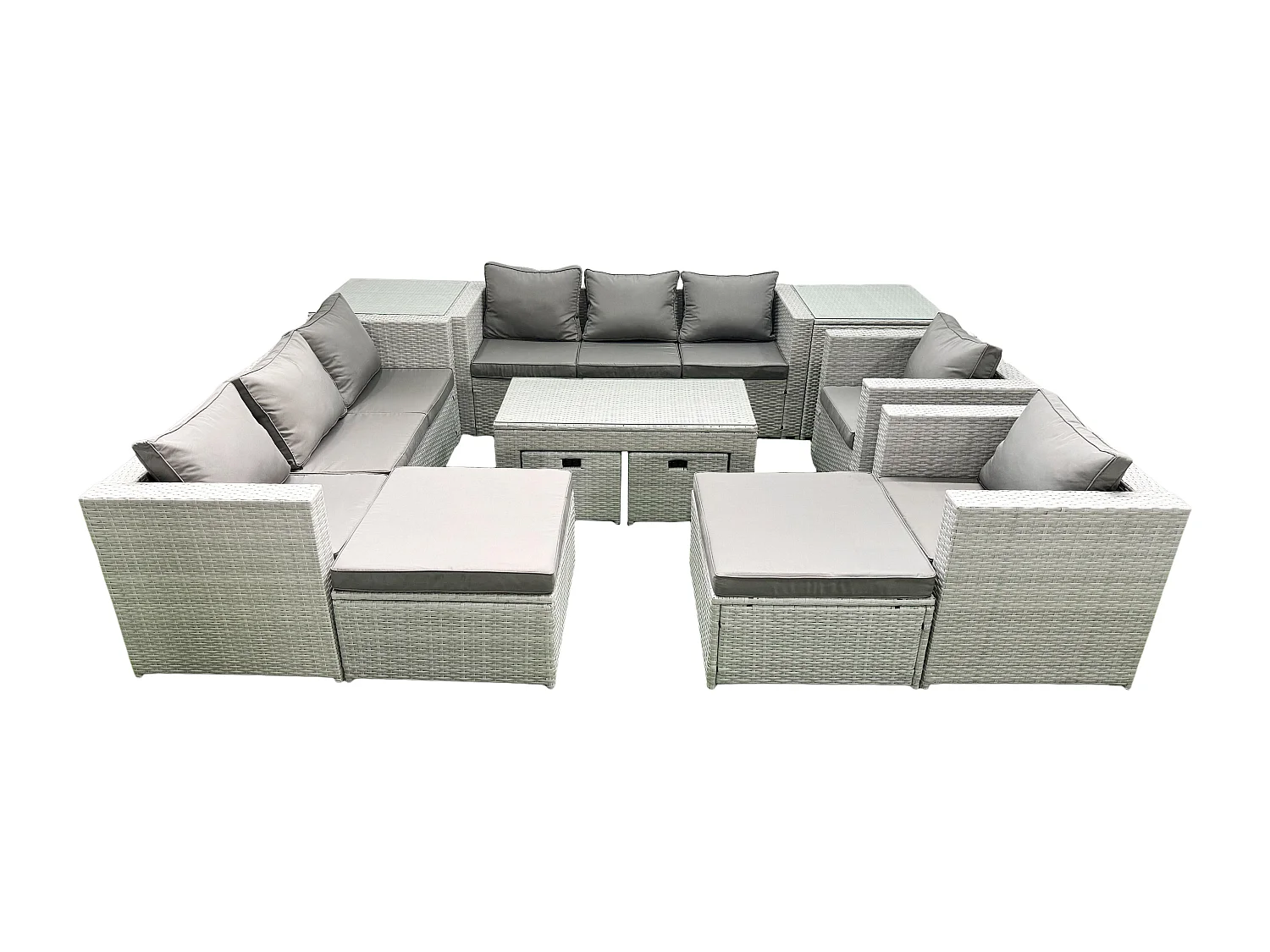 Salon de Jardin Ensemble Ensemble de canapés en rotin avec Table basse 4 Tabourets 2 Tables d'appoint Gris clair mixte 12 places
