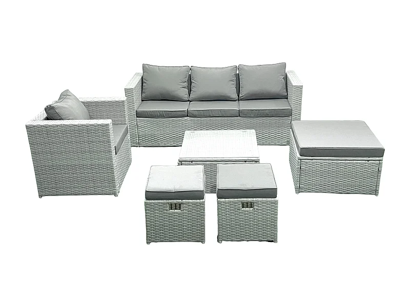 6 places Salon de jardin avec Canapé 3 places Chaise Table basse carrée 3 Tabourets Gris clair mixte