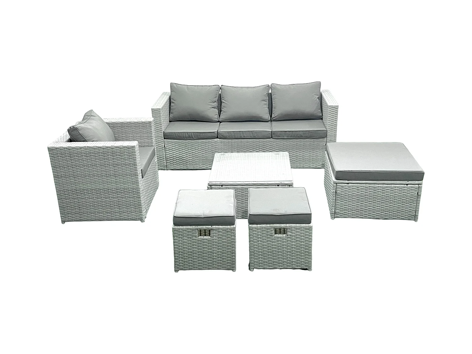 6 places Salon de jardin avec Canapé 3 places Chaise Table basse carrée 3 Tabourets Gris clair mixte