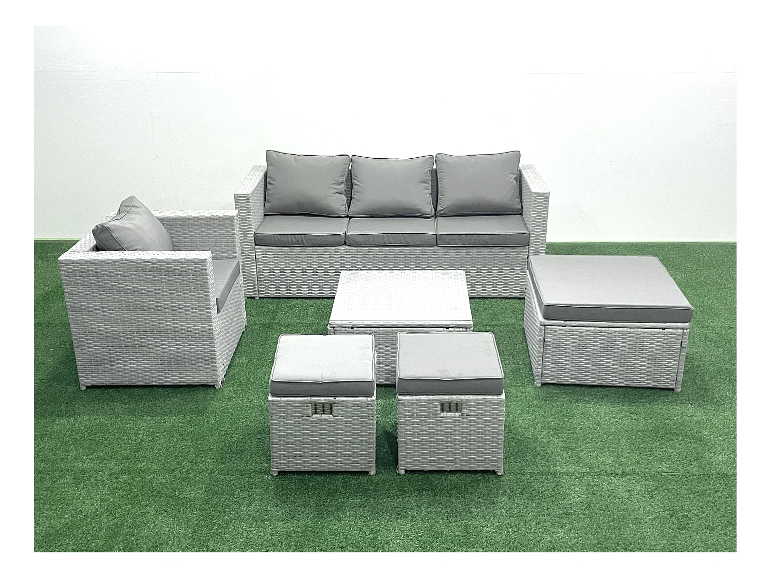 6 places Salon de jardin avec Canapé 3 places Chaise Table basse carrée 3 Tabourets Gris clair mixte