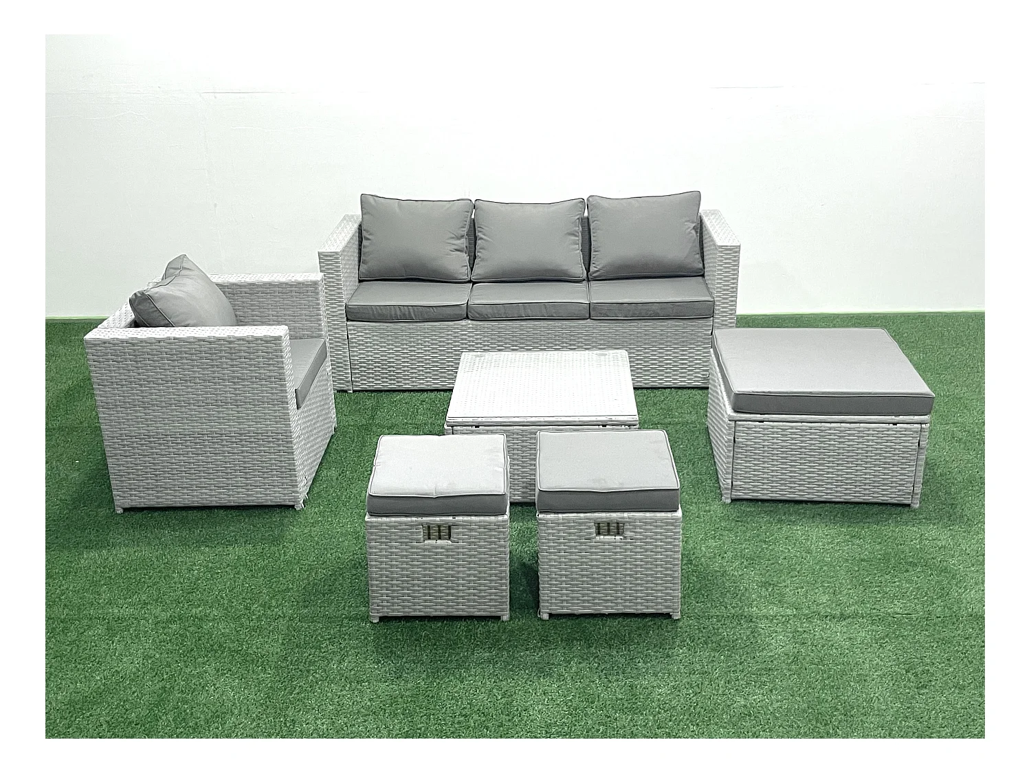 6 places Salon de jardin avec Canapé 3 places Chaise Table basse carrée 3 Tabourets Gris clair mixte