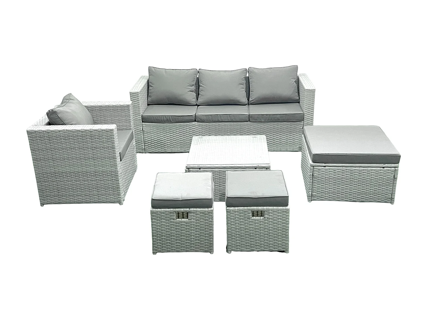 6 places Salon de jardin avec Canapé 3 places Chaise Table basse carrée 3 Tabourets Gris clair mixte