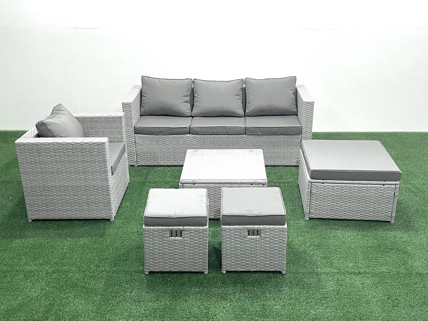 6 places Salon de jardin avec Canapé 3 places Chaise Table basse carrée 3 Tabourets Gris clair mixte