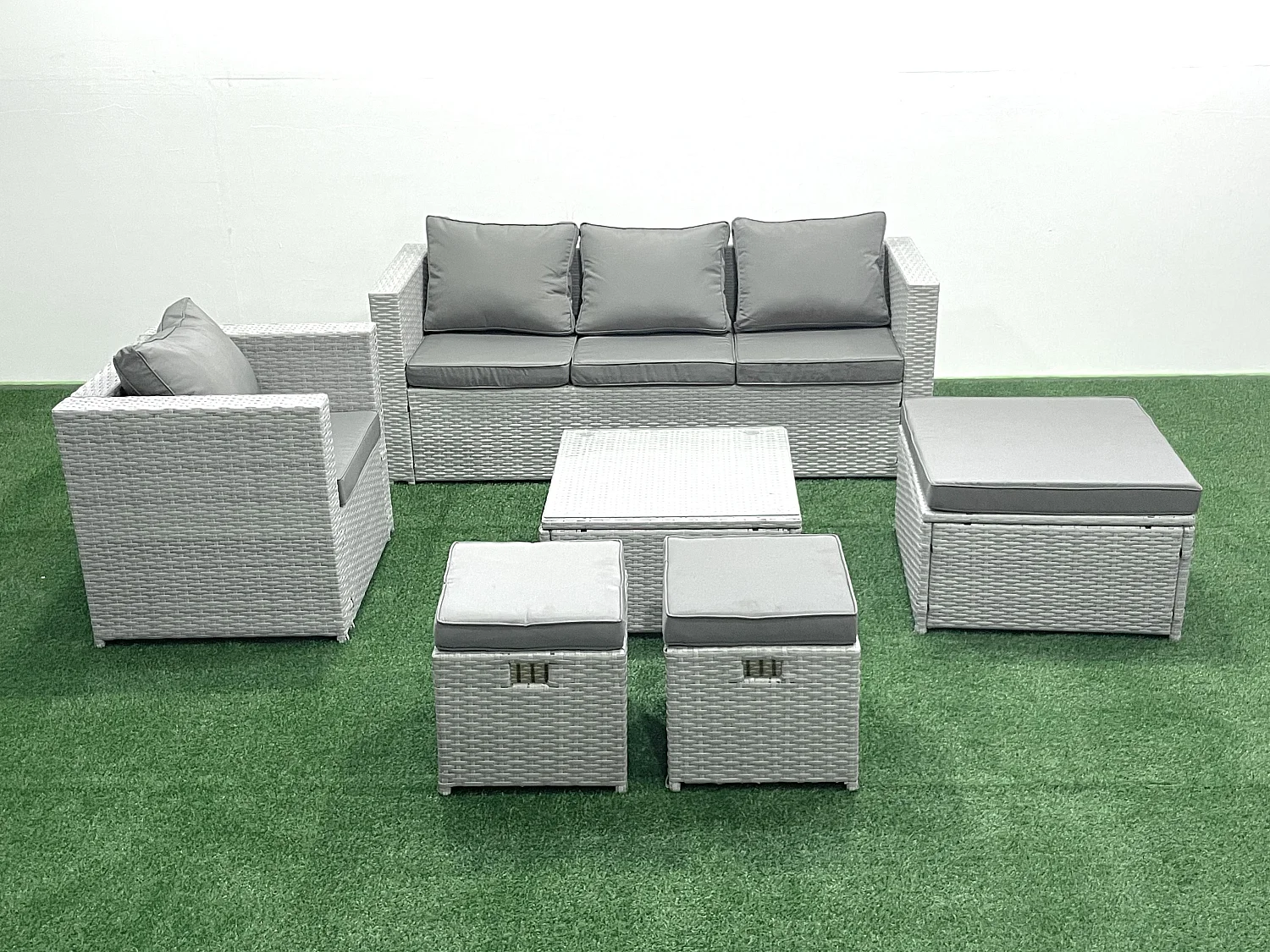 6 places Salon de jardin avec Canapé 3 places Chaise Table basse carrée 3 Tabourets Gris clair mixte