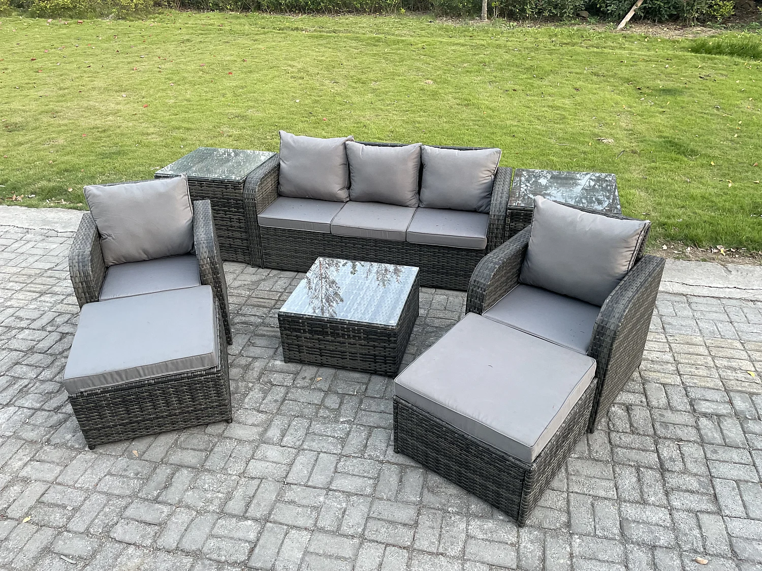 Ensembles de meubles de jardin 7 places Ensemble de canapés en rotin avec Table basse carrée 2 Tables d'appoint 2 Grand tabourets