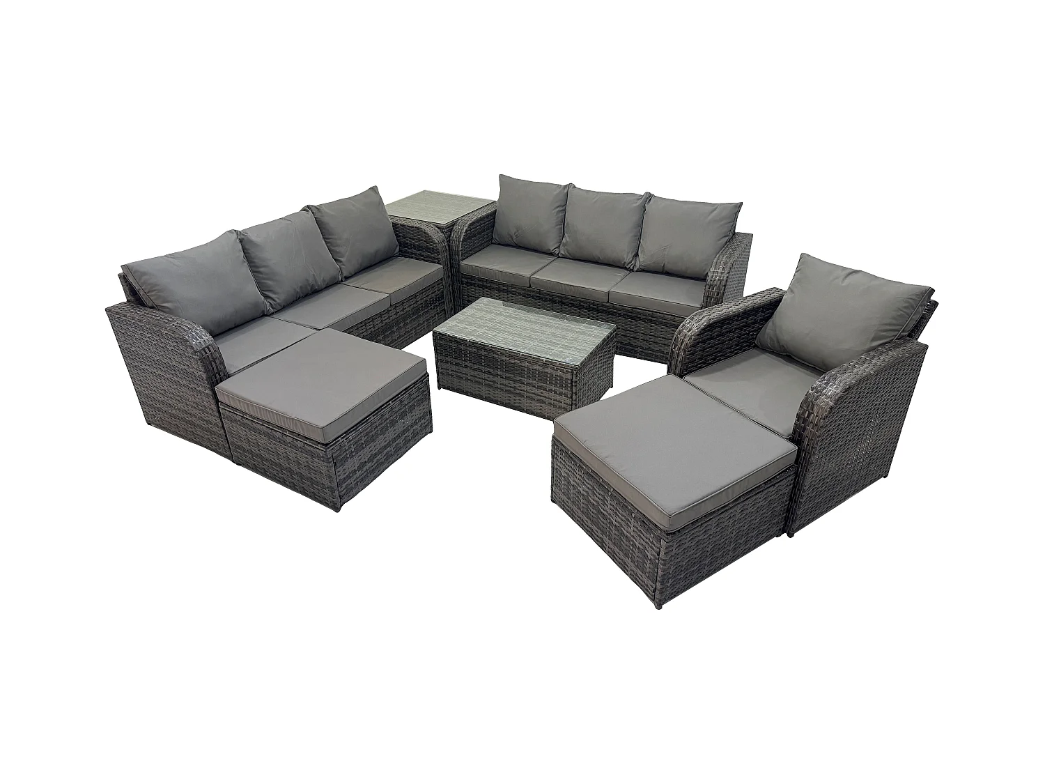9 places Ensemble de canapés en rotin salon de jardin avec Table basse rectangulaire Canapé 3 places 2 Grand tabourets Table d'appoint Gris foncé mixte