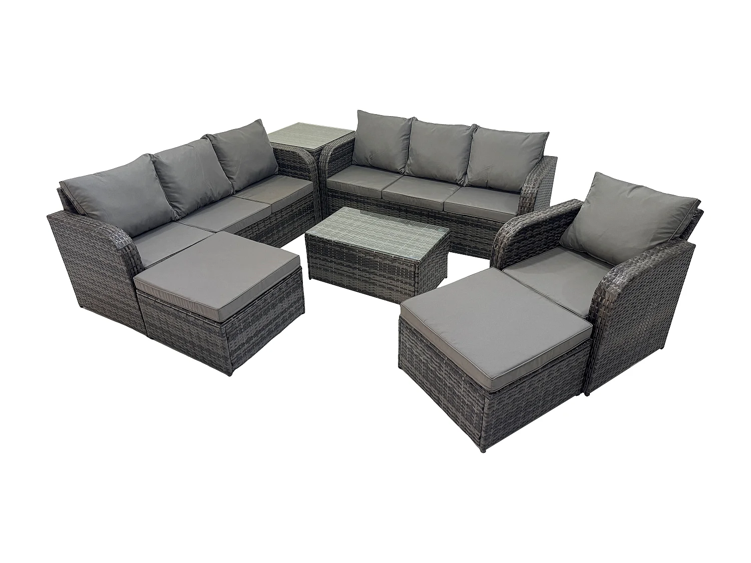 9-Sitzer Rattan Lounge Sofa Set Gartenmöbel-Set mit Rechteckiger Couchtisch 3-Sitzer Sofa 2 hohen Hockern Beistelltisch Dunkelgrau Gemischt