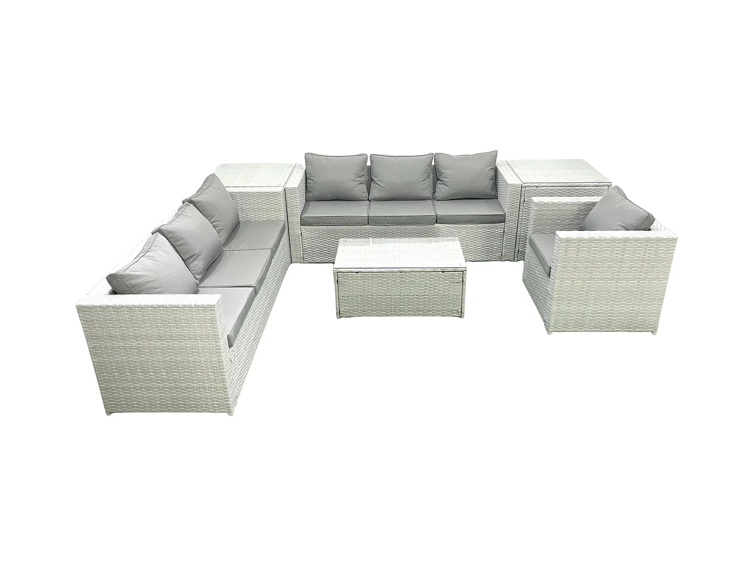 Polyrattan Sofa Gartenmöbel Set mit Sessel Rechteckiger Couchtisch 2 Beistelltischen Hellgrau gemischt