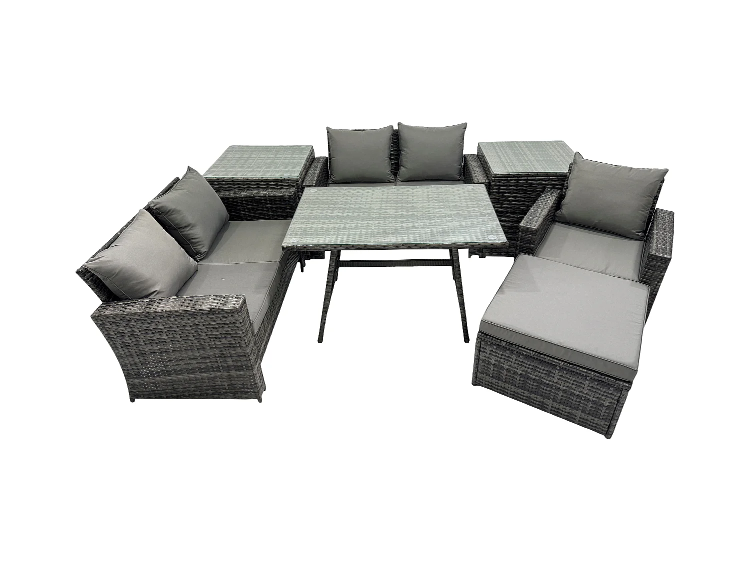 Ensemble de canapé en rotin extérieur avec Table à manger rectangulaire Canapé à deux places 2 Tables d'appoint Grand tabouret Gris foncé mixte